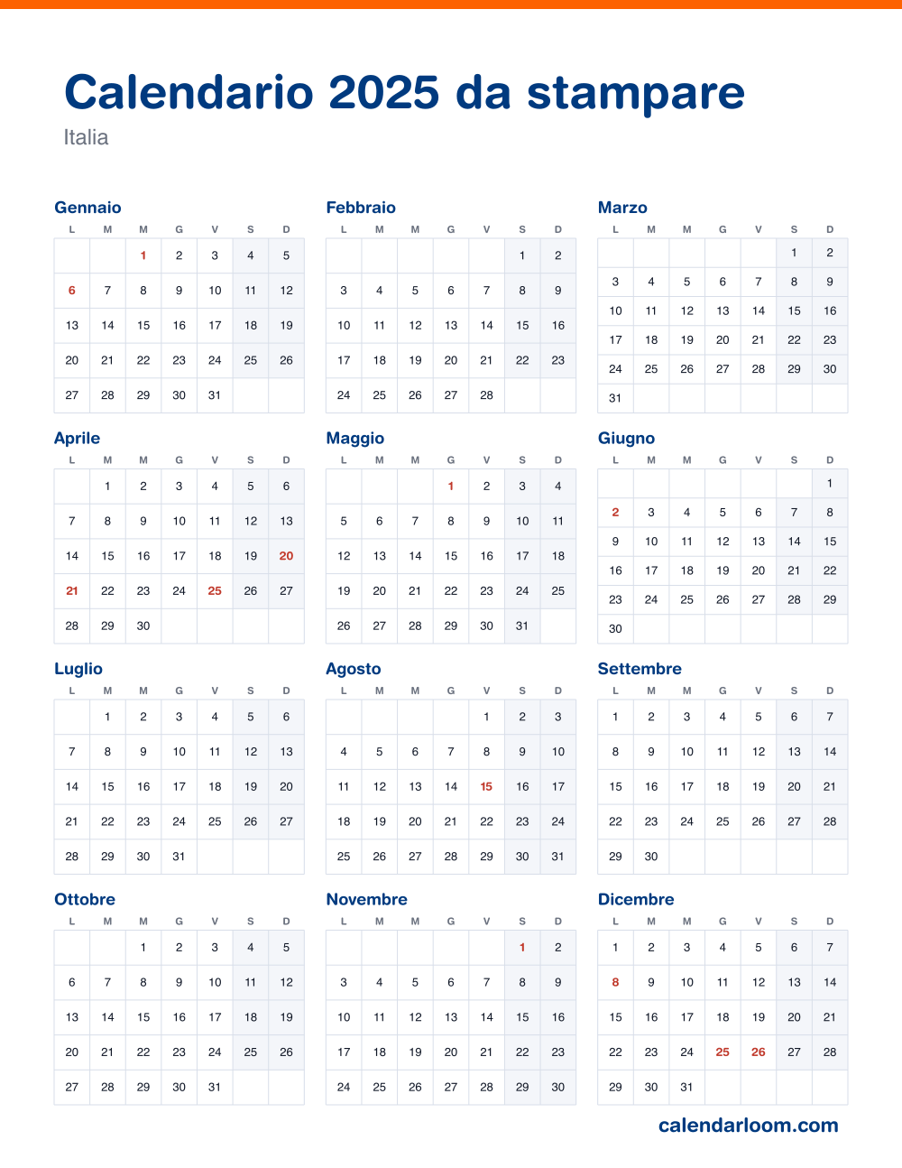 Calendario 2025 da stampare con le festività italiane