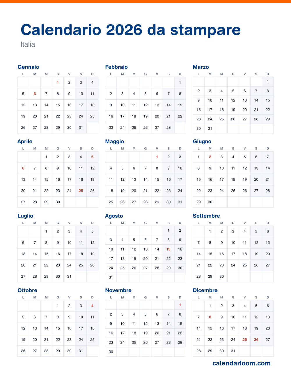 Calendario 2026 da stampare con le festività italiane