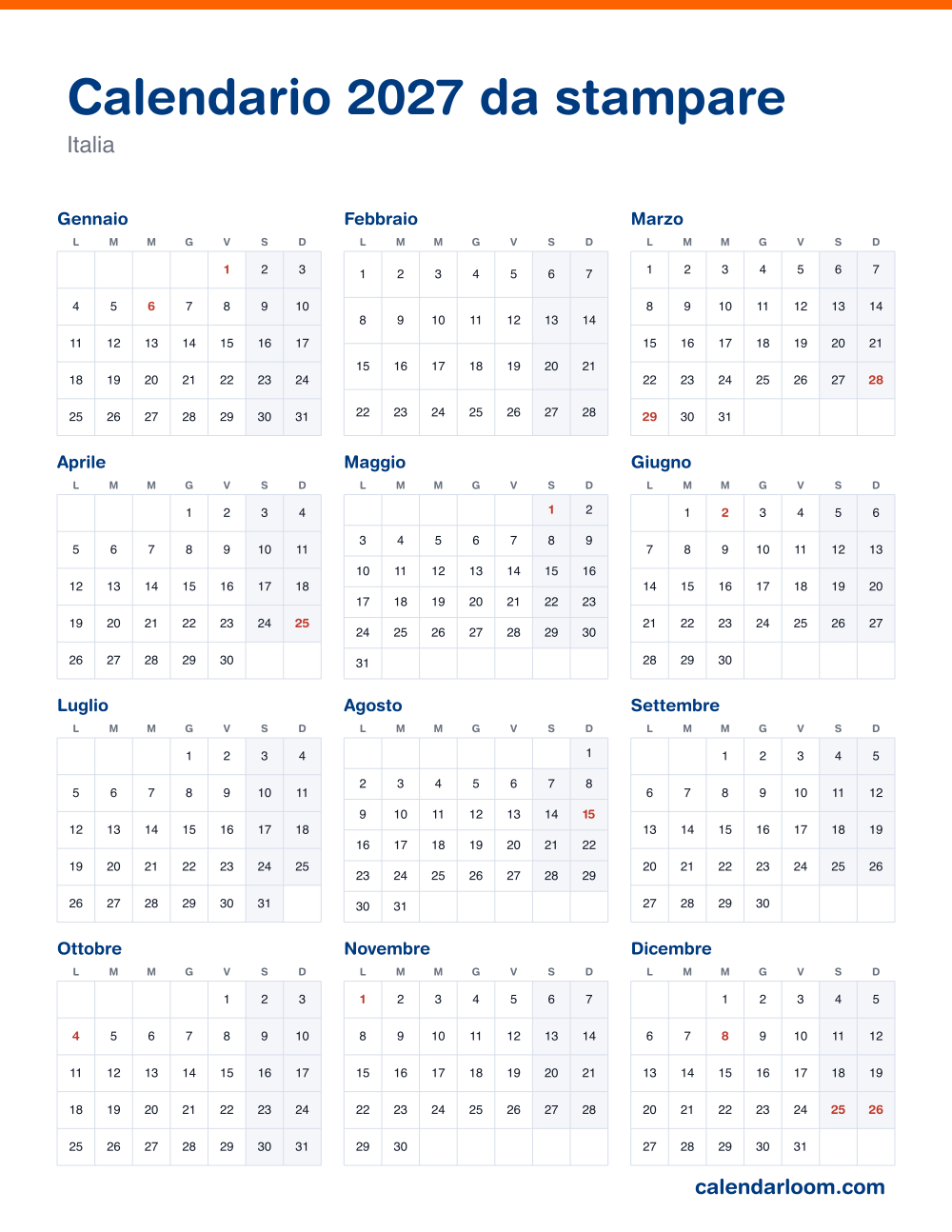 Calendario 2027 da stampare con le festività italiane