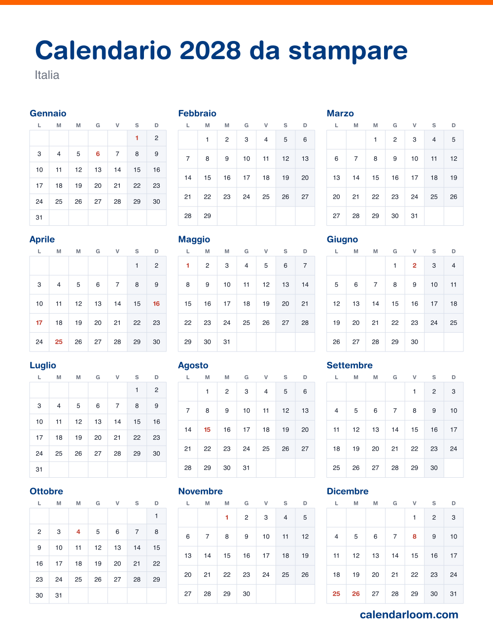 Calendario 2028 da stampare con le festività italiane