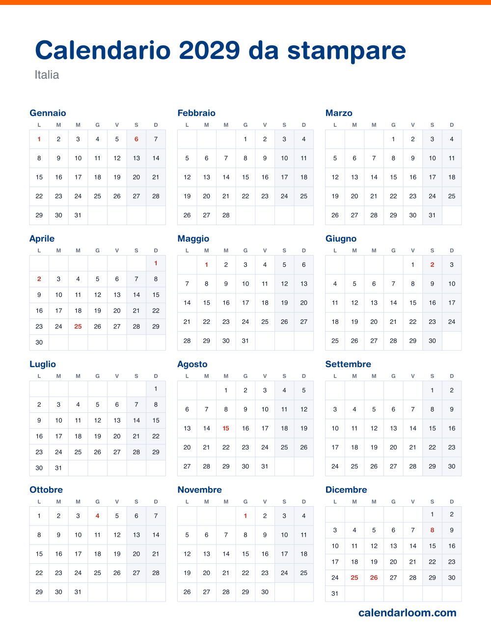 Calendario 2029 da stampare con le festività italiane