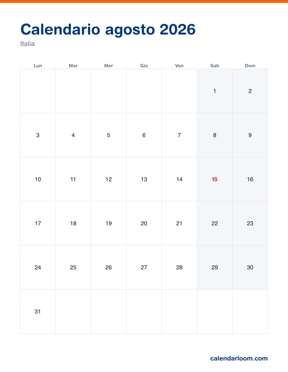 Calendario agosto 2026 da stampare con le festività italiane