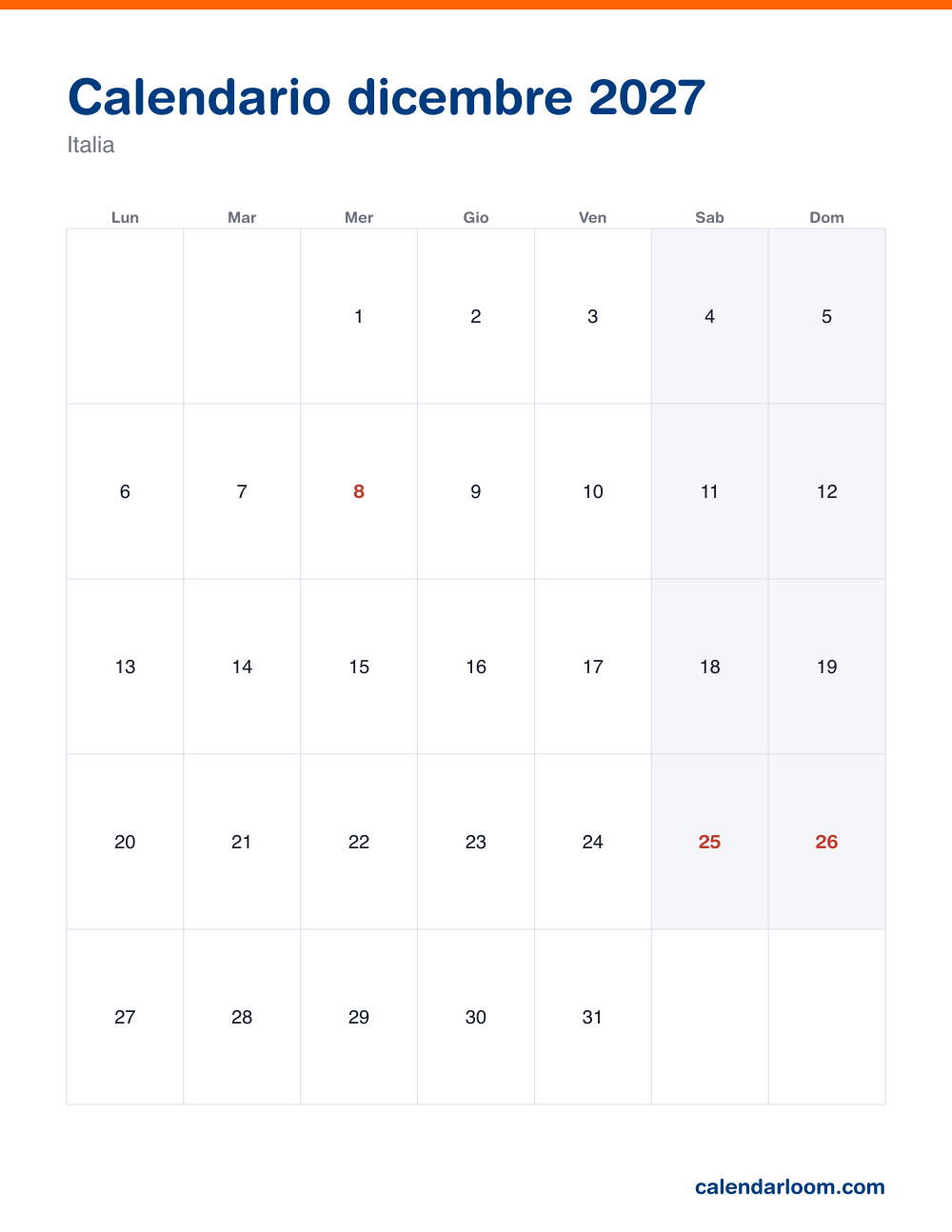 Calendario dicembre 2027 da stampare con le festività italiane