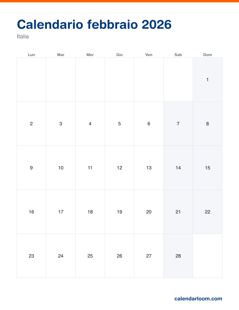 Calendario febbraio 2026 da stampare con le festività italiane