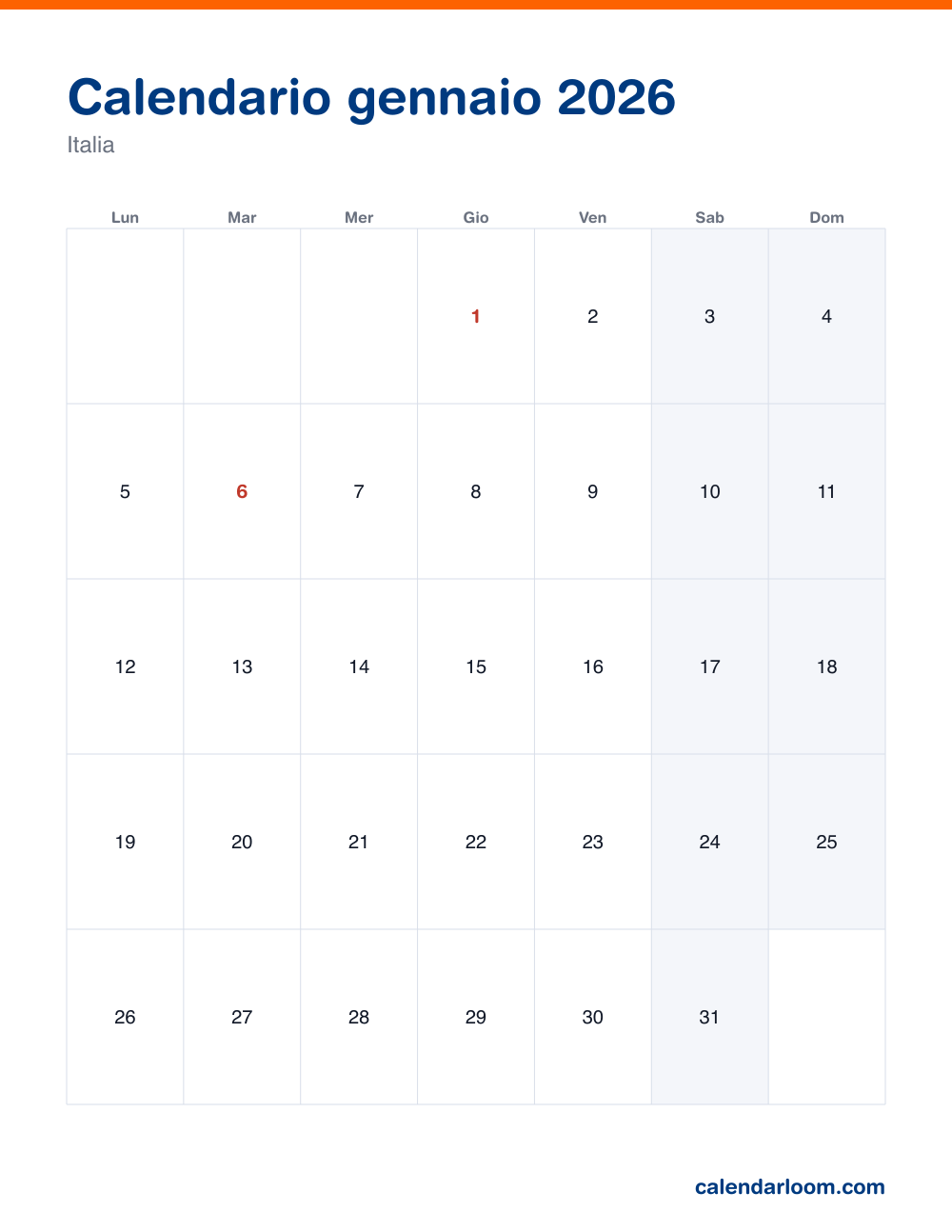 Calendario gennaio 2026 da stampare con le festività italiane