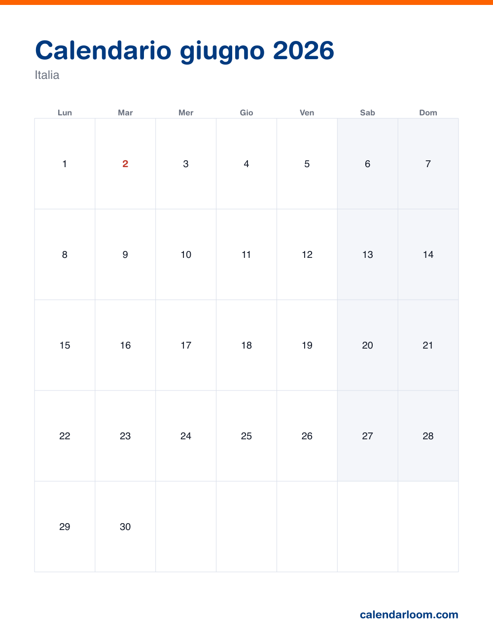 Calendario giugno 2026 da stampare con le festività italiane