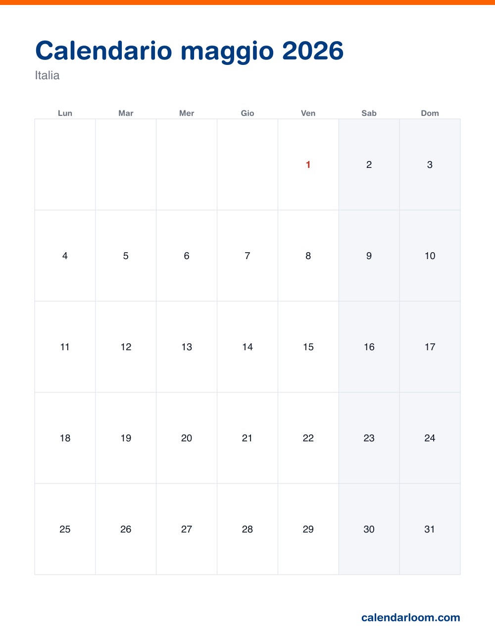 Calendario maggio 2026 da stampare con le festività italiane