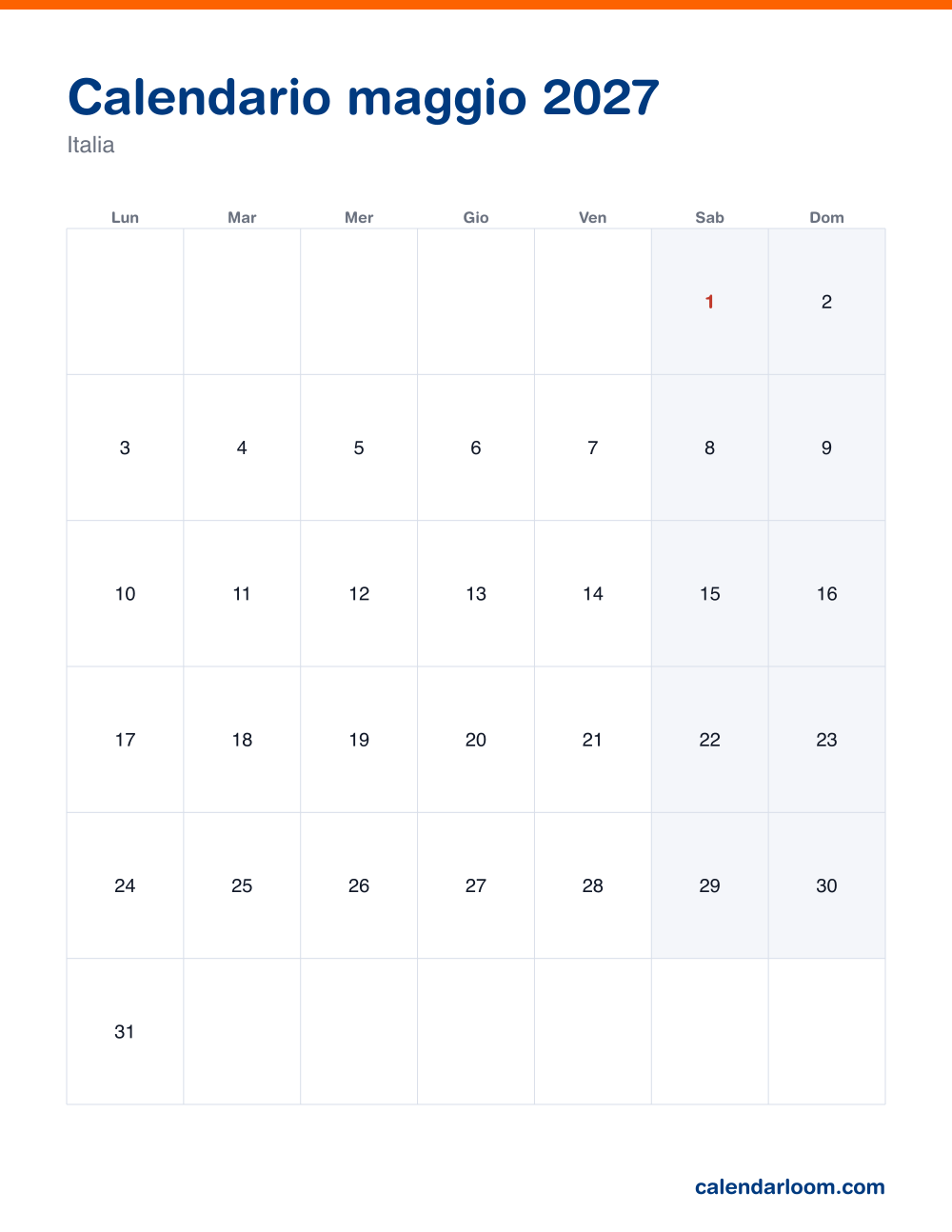 Calendario maggio 2027 da stampare con le festività italiane