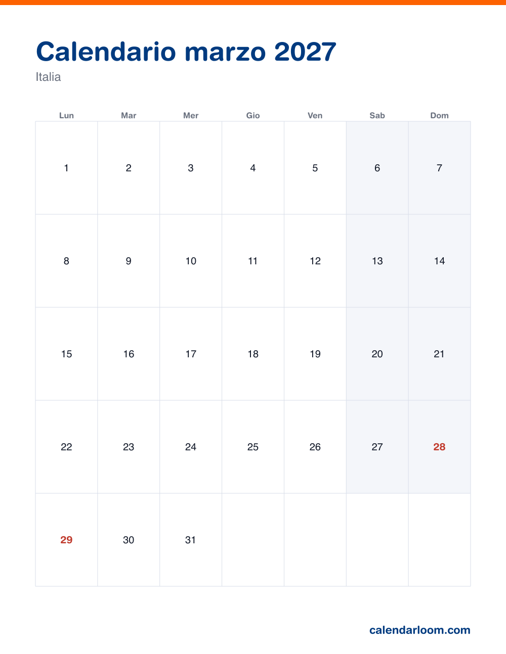 Calendario marzo 2027 da stampare con le festività italiane