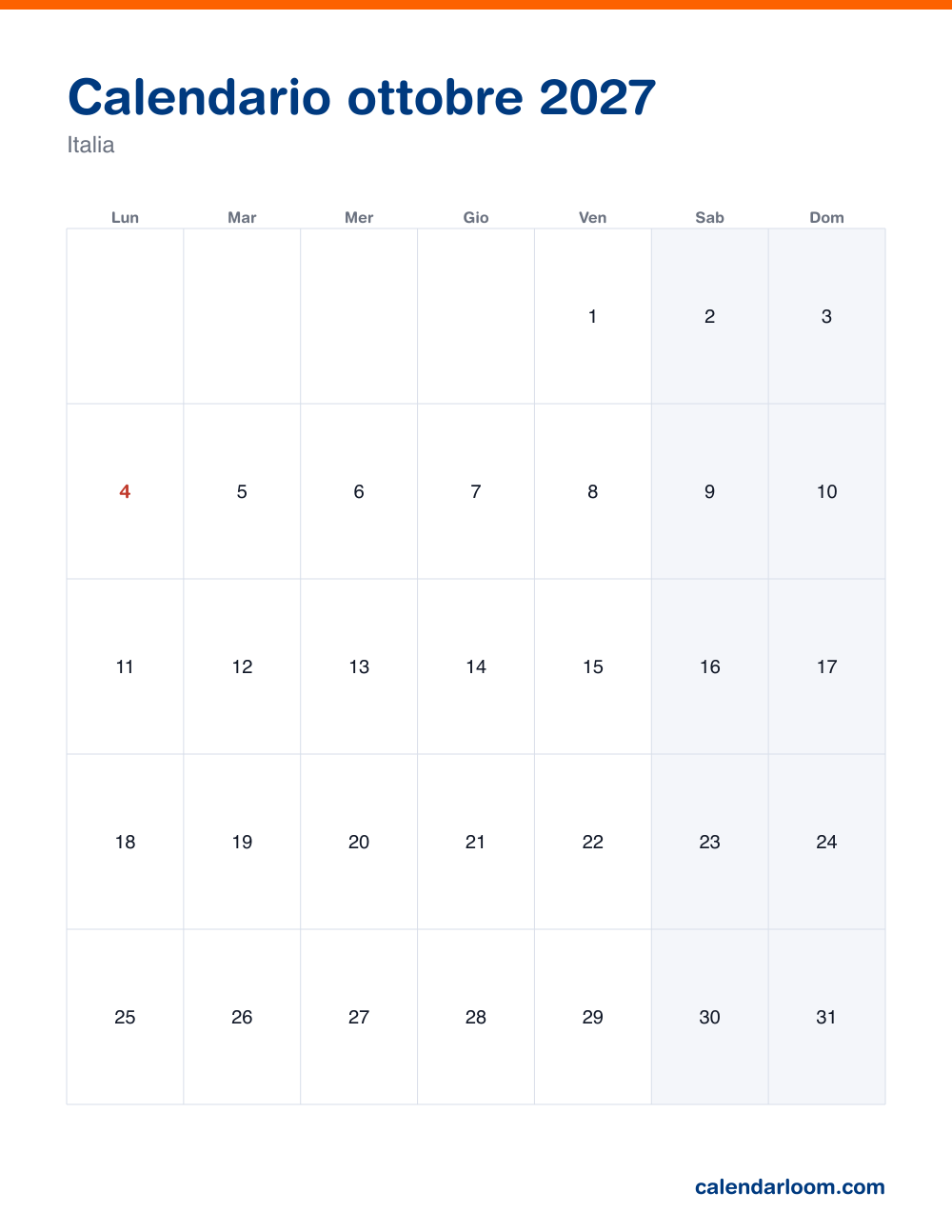 Calendario ottobre 2027 da stampare con le festività italiane