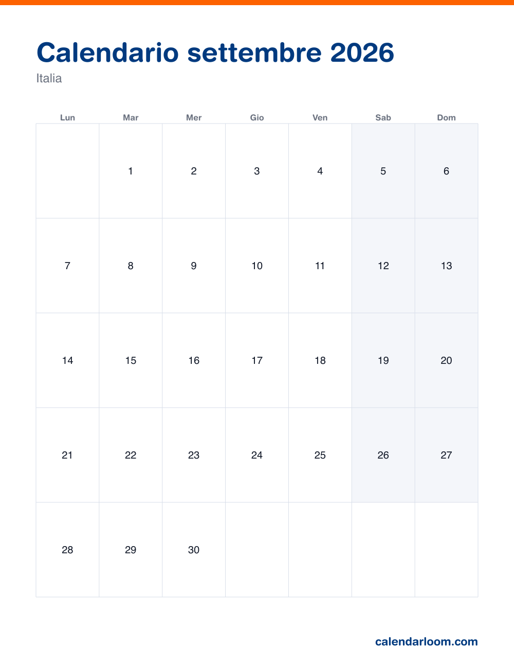 Calendario settembre 2026 da stampare con le festività italiane