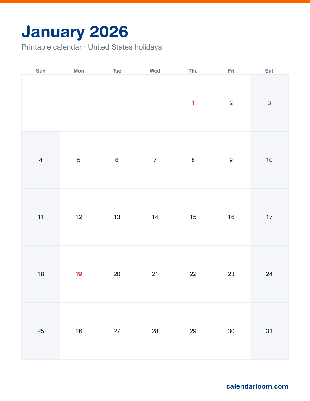 Printable January 2026 calendar with United States holidays marked, Sunday start, Letter size