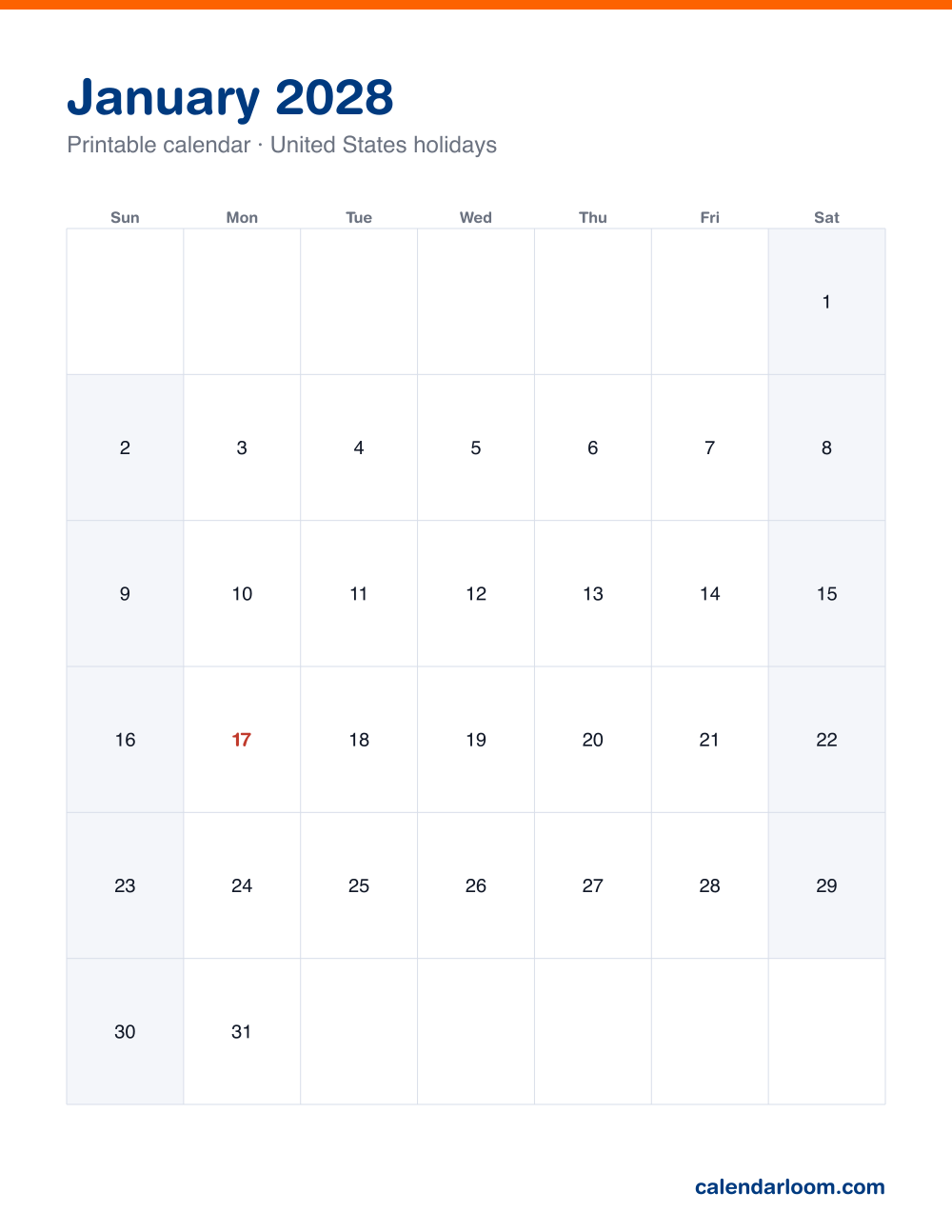 Printable January 2028 calendar with United States holidays marked, Sunday start, Letter size