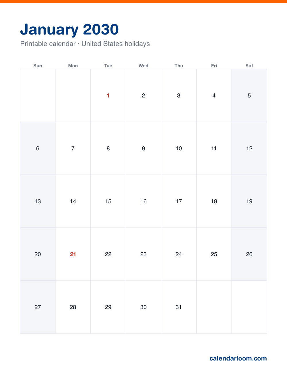 Printable January 2030 calendar with United States holidays marked, Sunday start, Letter size