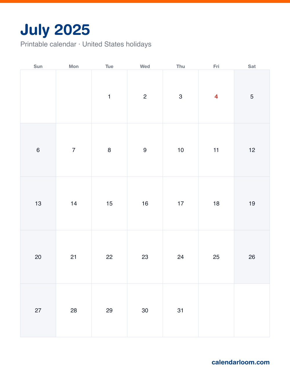 Printable July 2025 calendar with United States holidays marked, Sunday start, Letter size