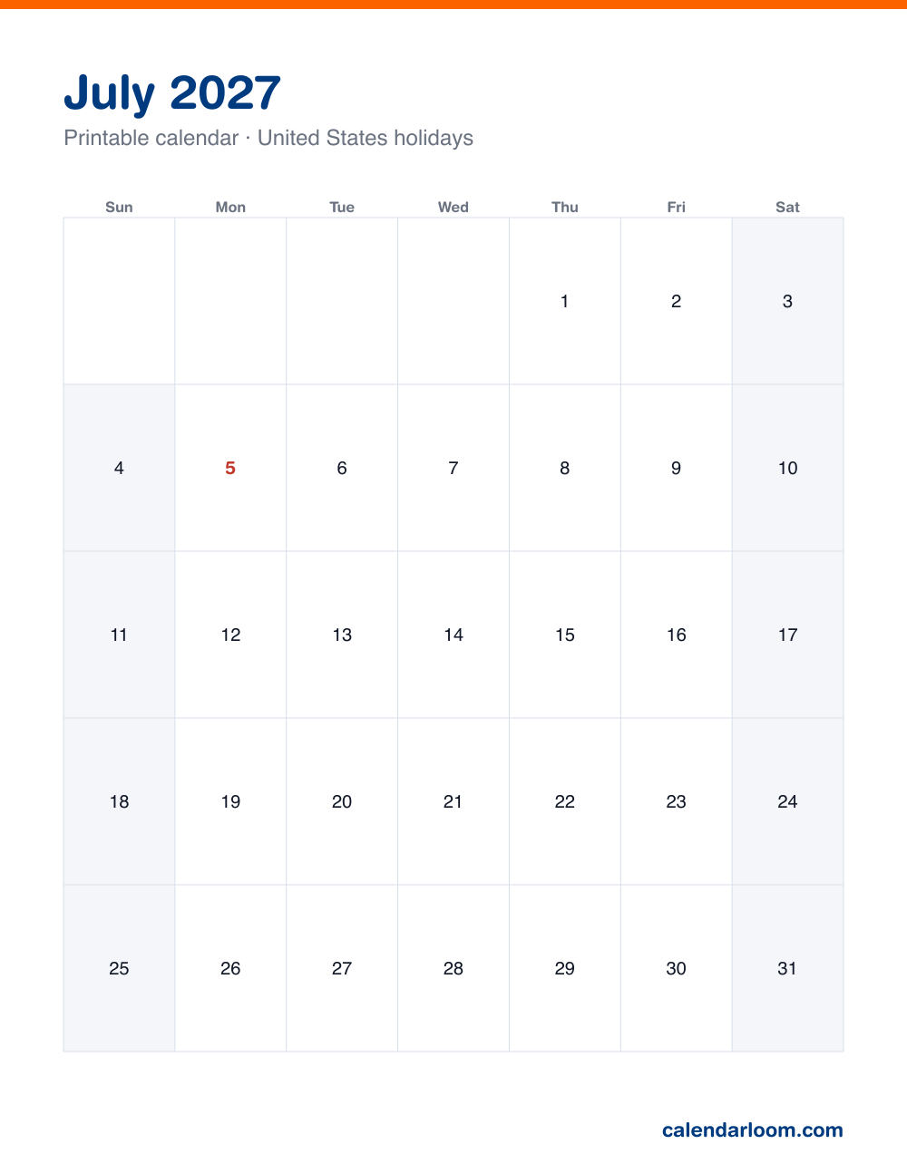 Printable July 2027 calendar with United States holidays marked, Sunday start, Letter size