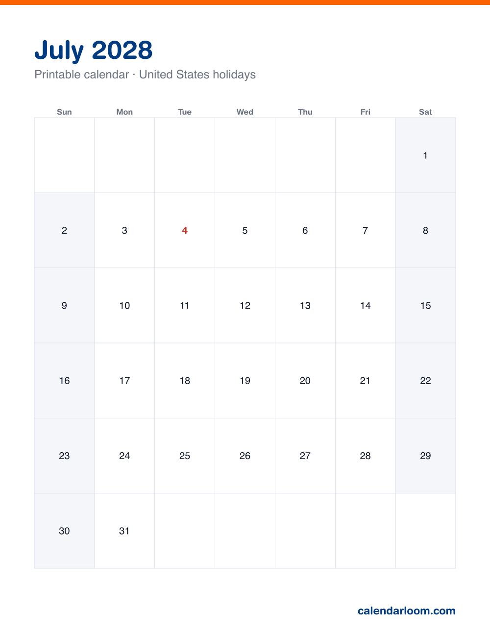 Printable July 2028 calendar with United States holidays marked, Sunday start, Letter size