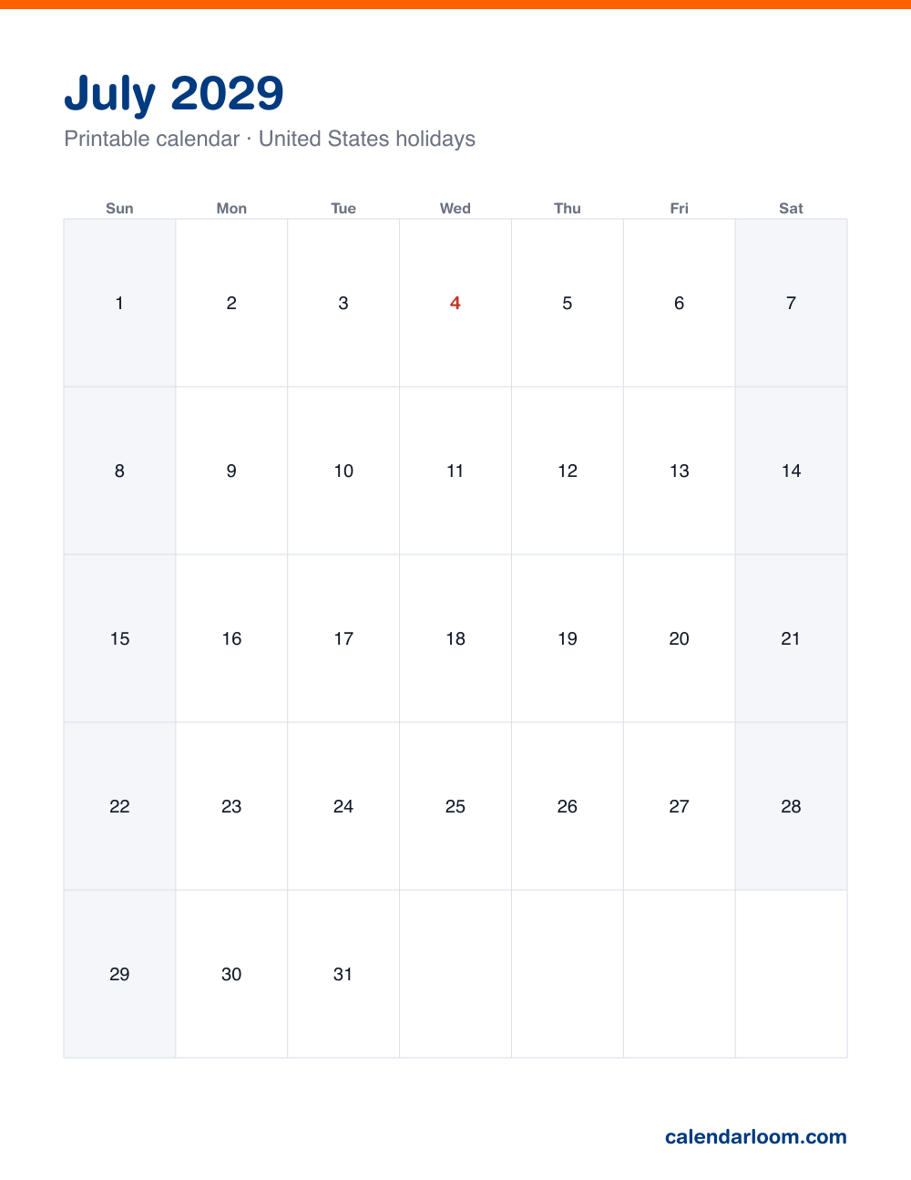 Printable July 2029 calendar with United States holidays marked, Sunday start, Letter size