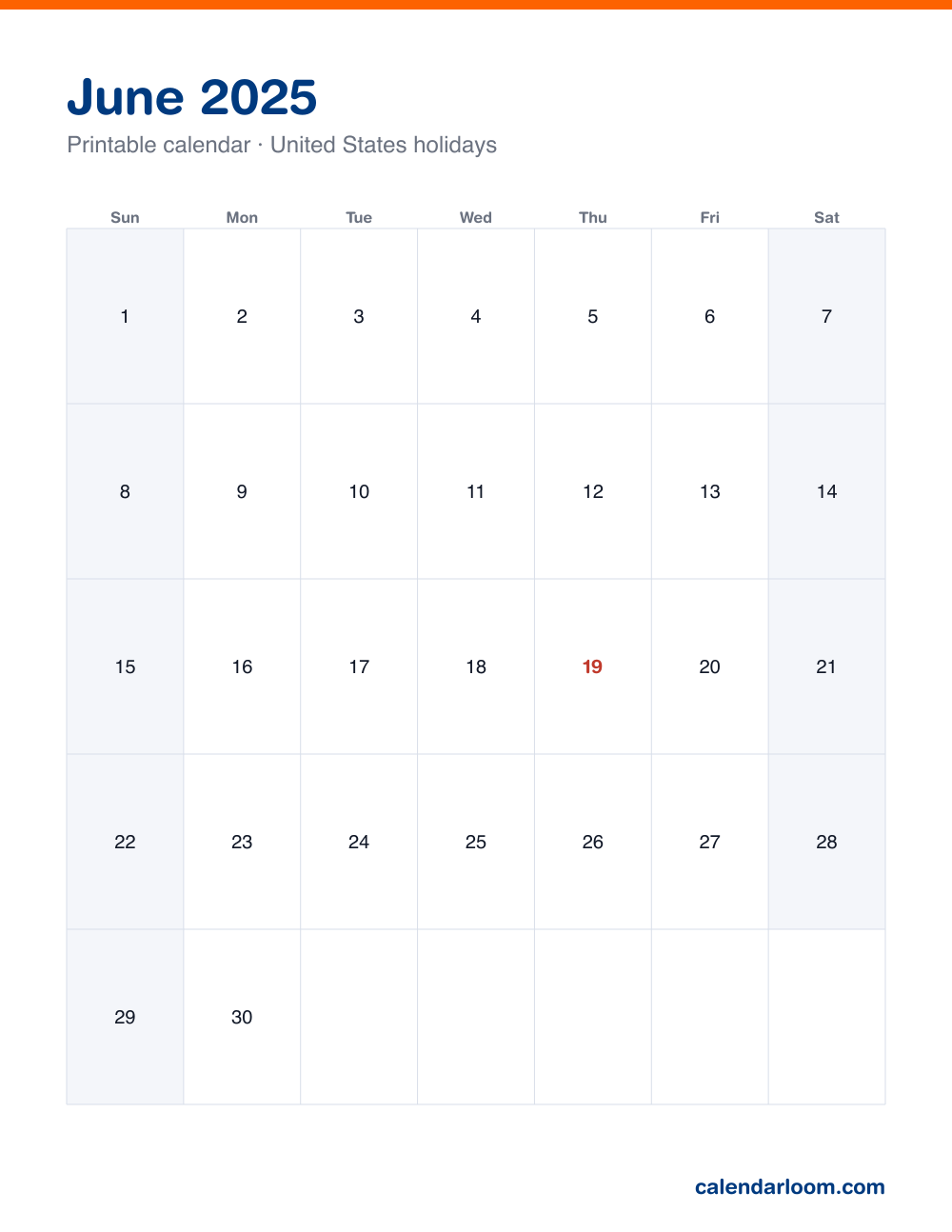 Printable June 2025 calendar with United States holidays marked, Sunday start, Letter size