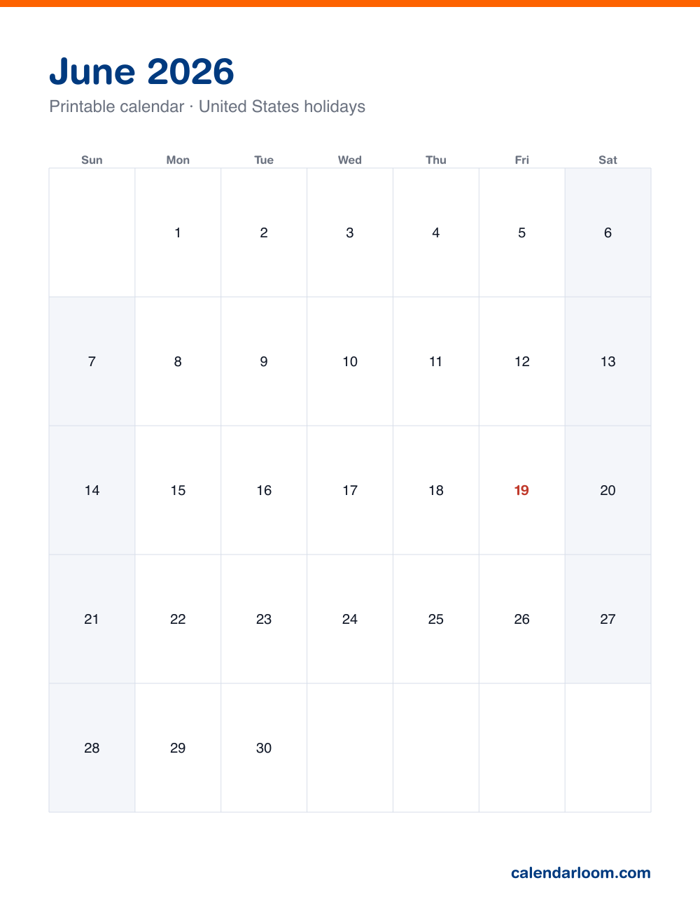 Printable June 2026 calendar with United States holidays marked, Sunday start, Letter size