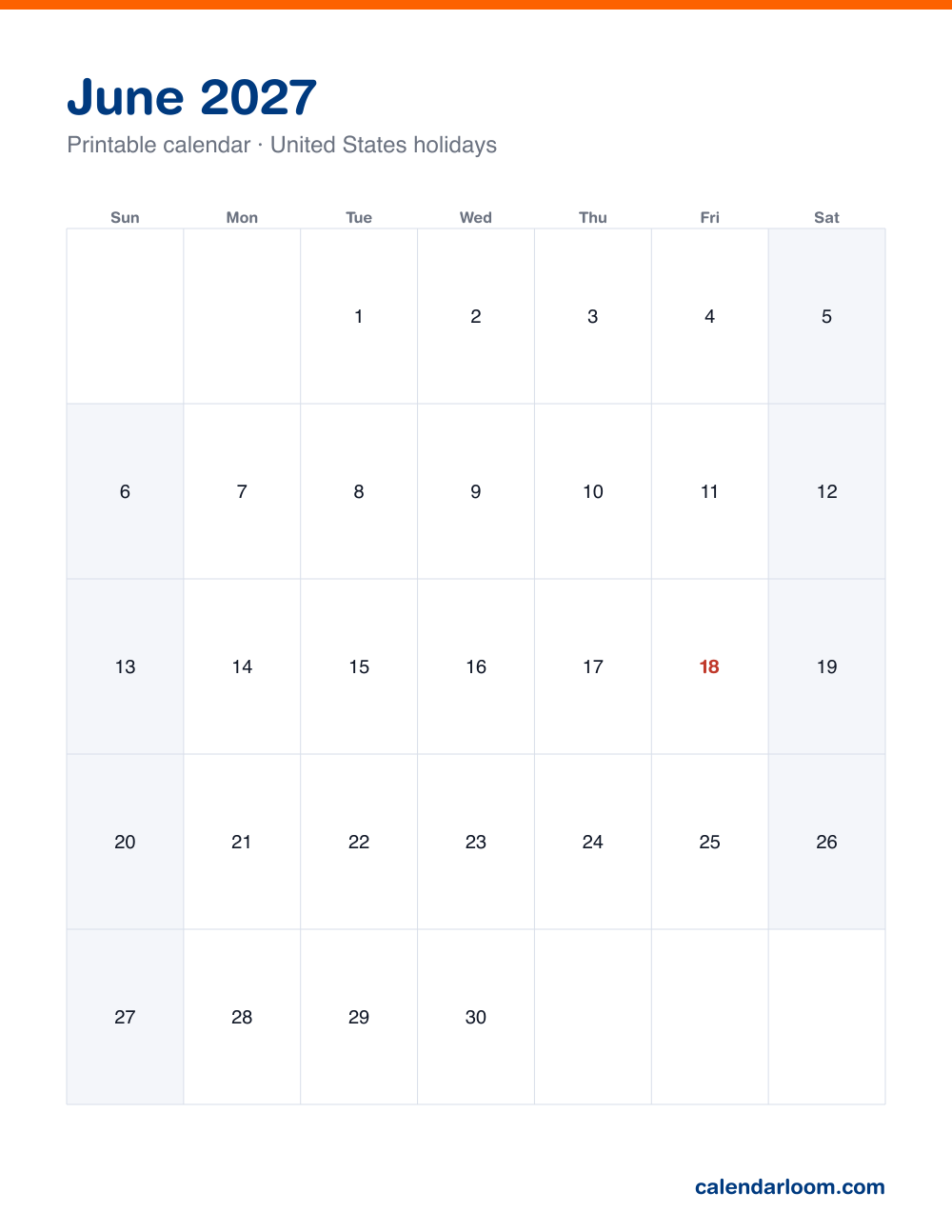Printable June 2027 calendar with United States holidays marked, Sunday start, Letter size