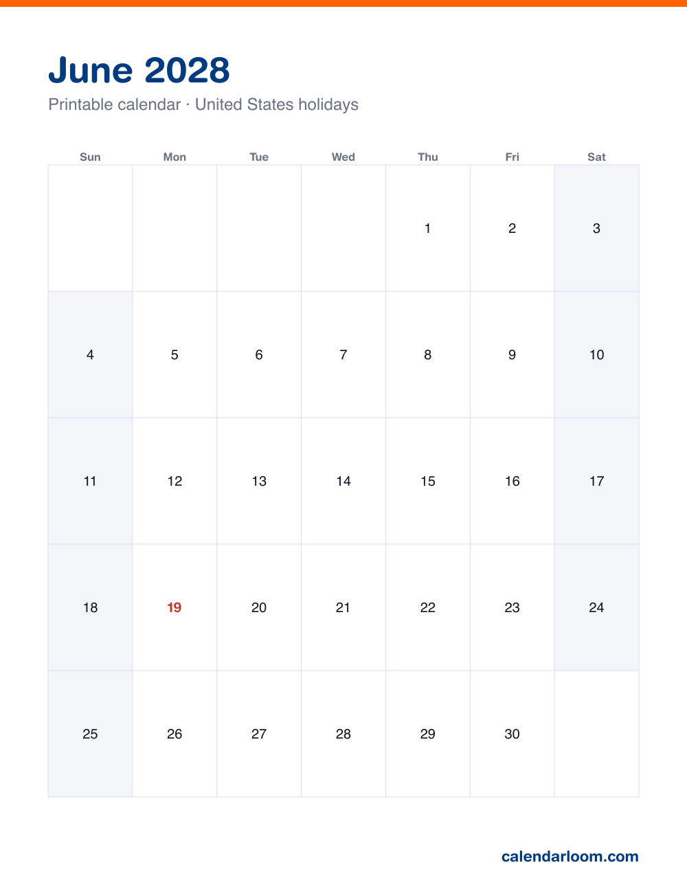 Printable June 2028 calendar with United States holidays marked, Sunday start, Letter size