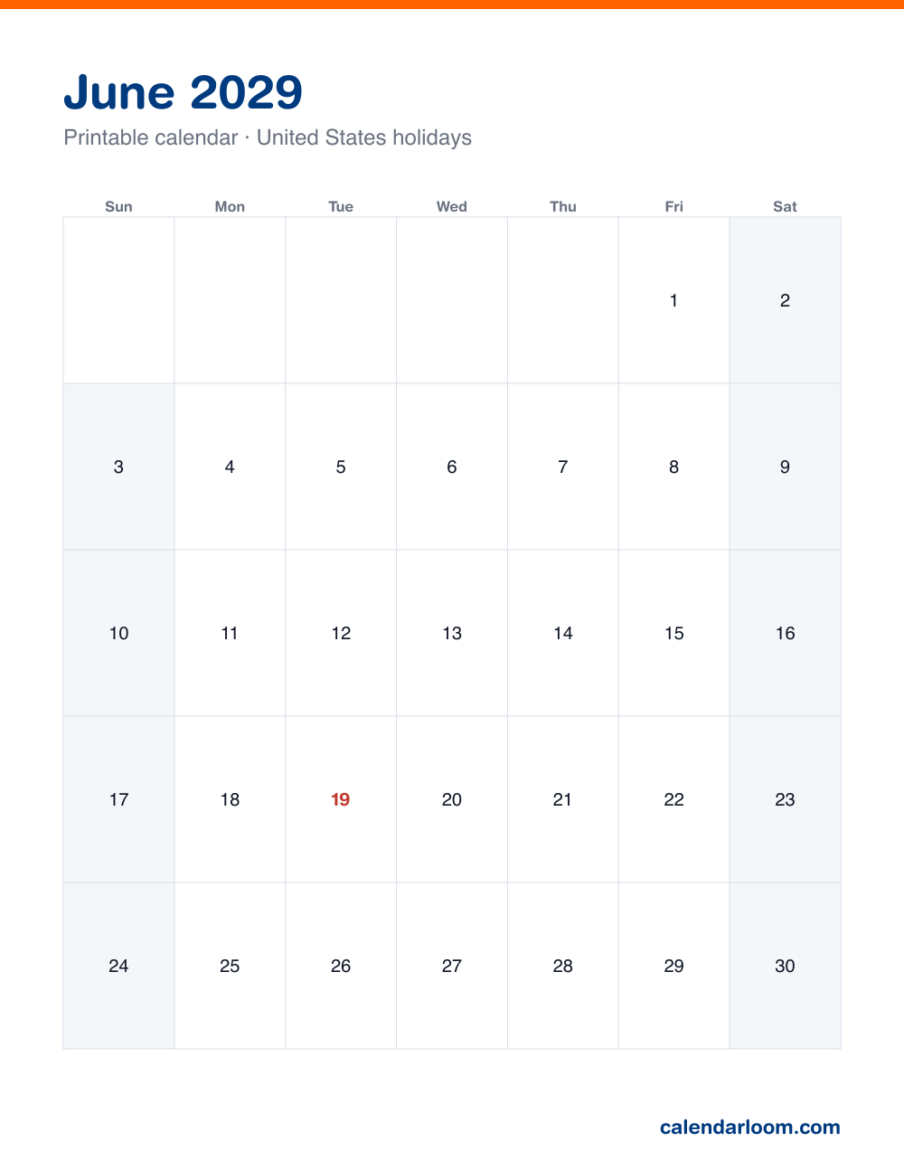 Printable June 2029 calendar with United States holidays marked, Sunday start, Letter size
