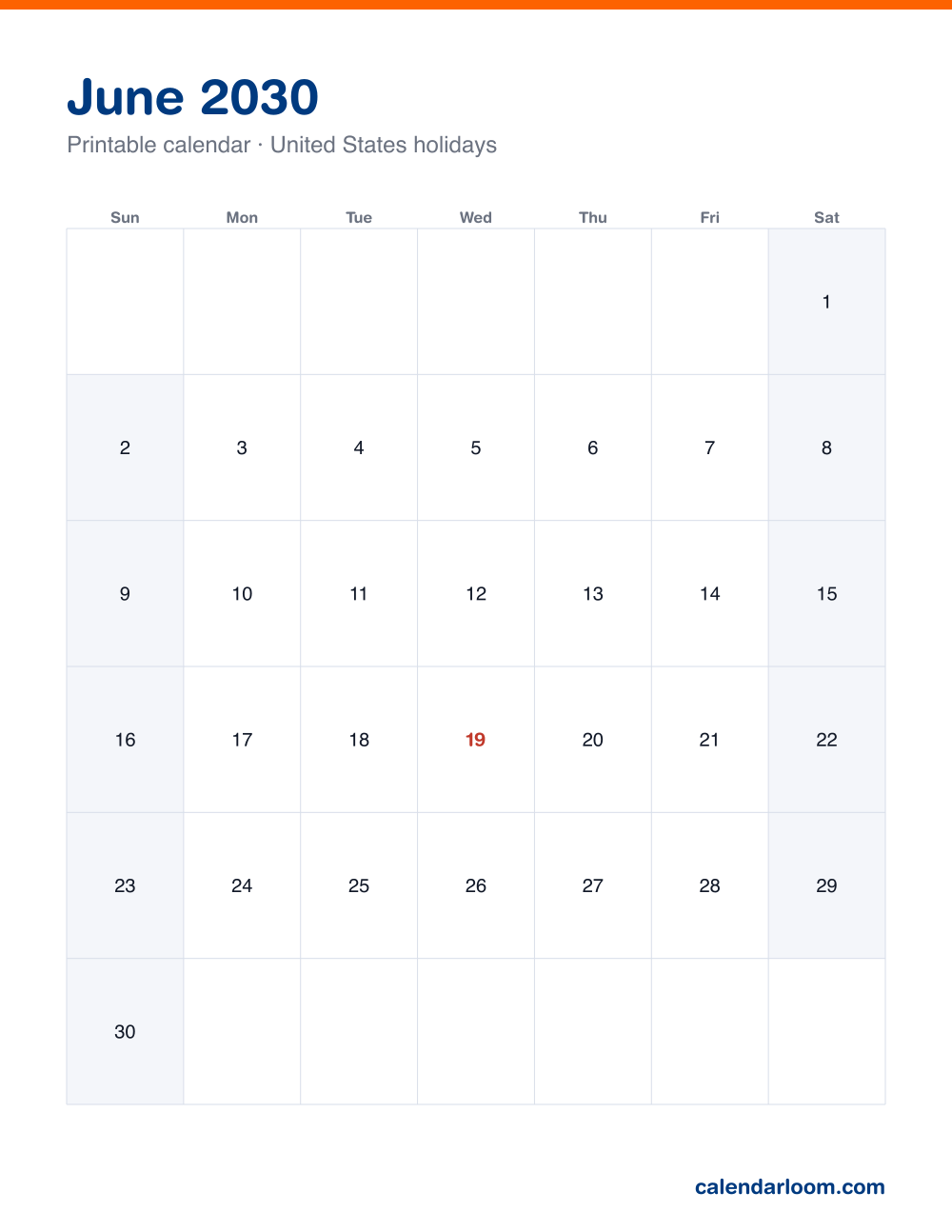 Printable June 2030 calendar with United States holidays marked, Sunday start, Letter size