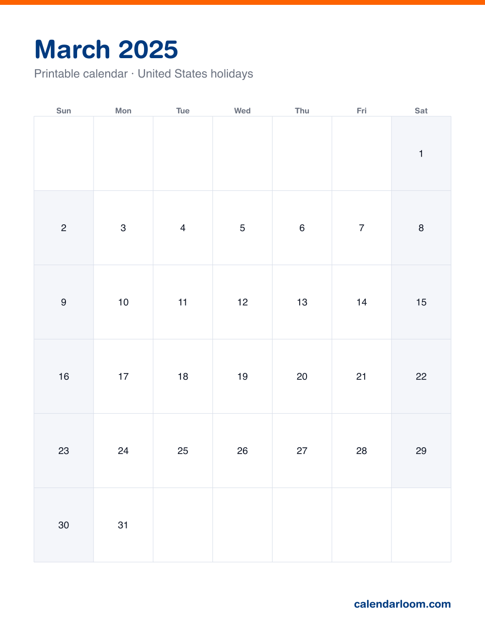 Printable March 2025 calendar with United States holidays marked, Sunday start, Letter size