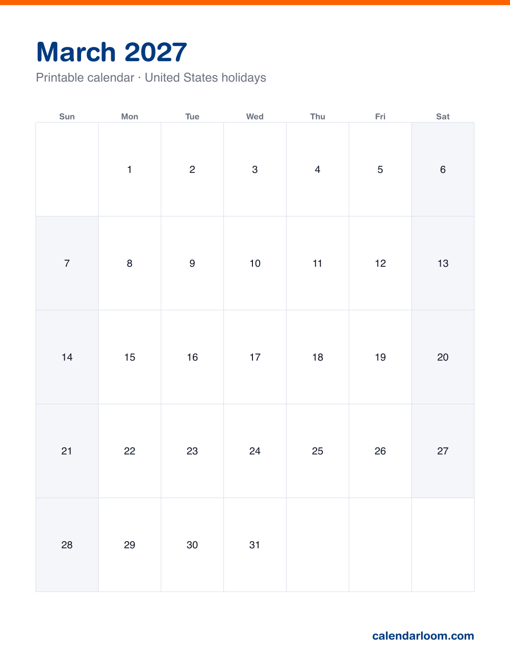 Printable March 2027 calendar with United States holidays marked, Sunday start, Letter size