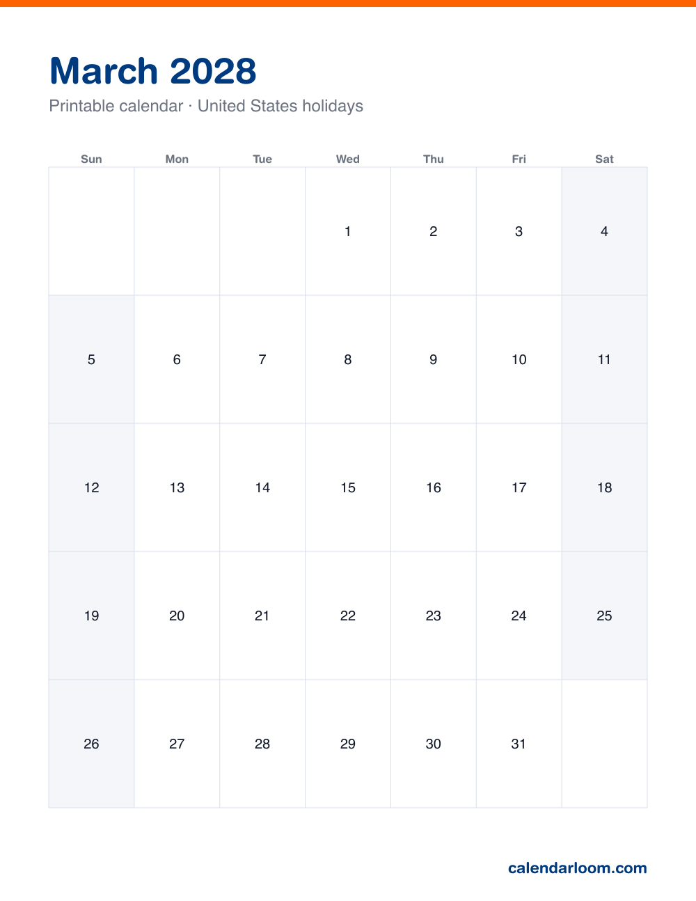 Printable March 2028 calendar with United States holidays marked, Sunday start, Letter size