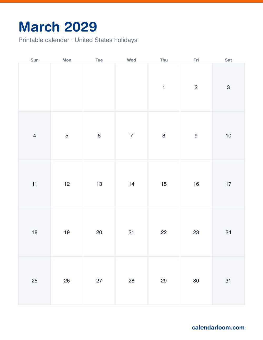Printable March 2029 calendar with United States holidays marked, Sunday start, Letter size