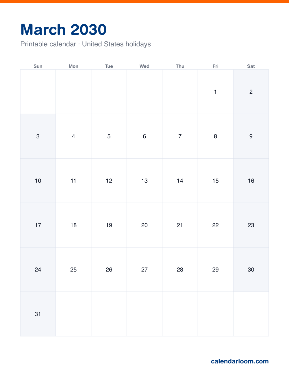 Printable March 2030 calendar with United States holidays marked, Sunday start, Letter size