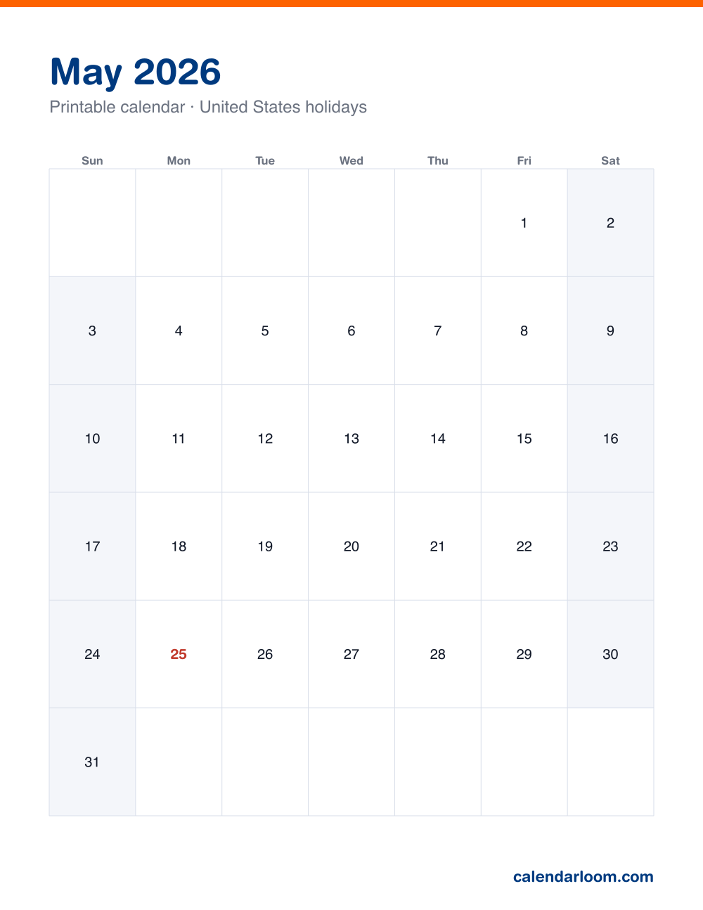 Printable May 2026 calendar with United States holidays marked, Sunday start, Letter size