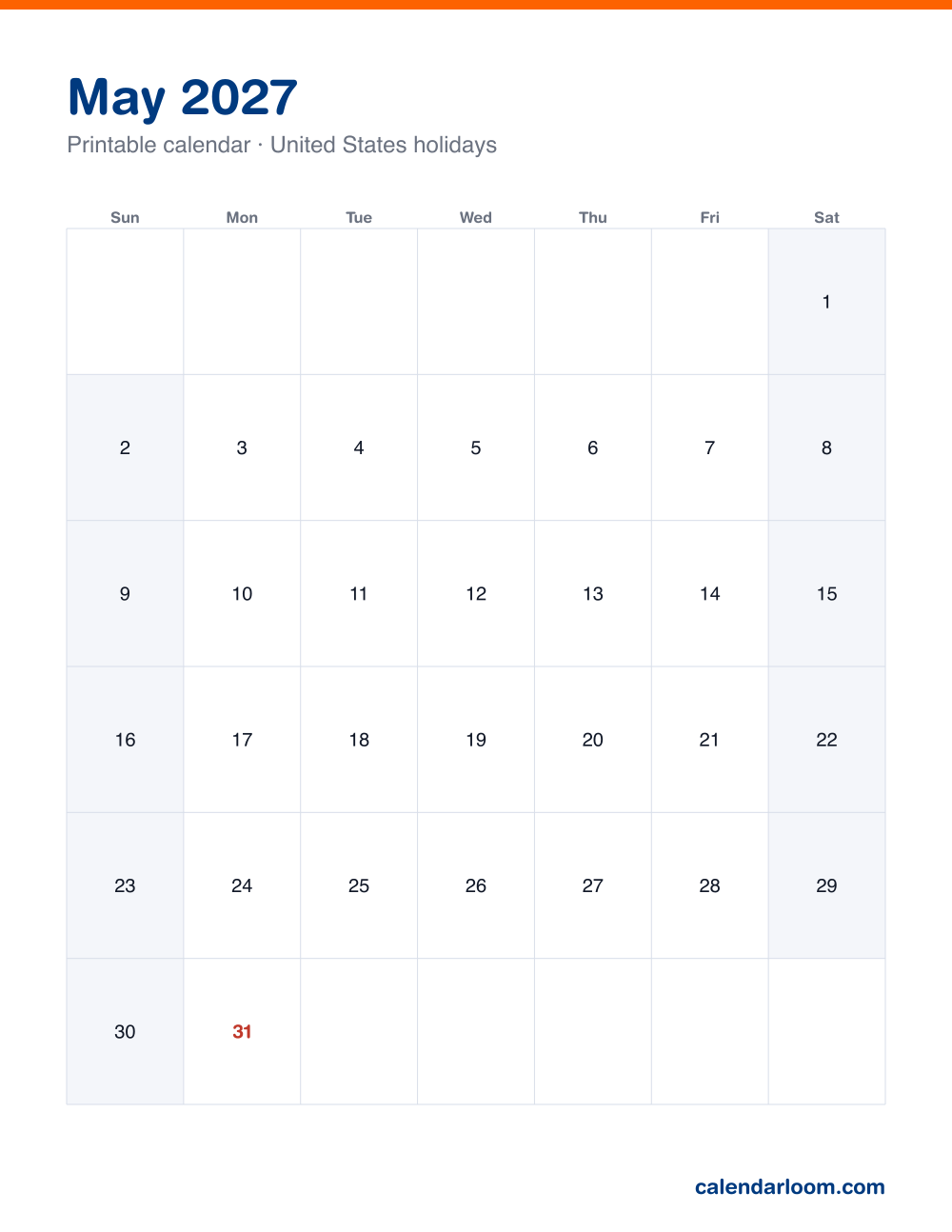 Printable May 2027 calendar with United States holidays marked, Sunday start, Letter size