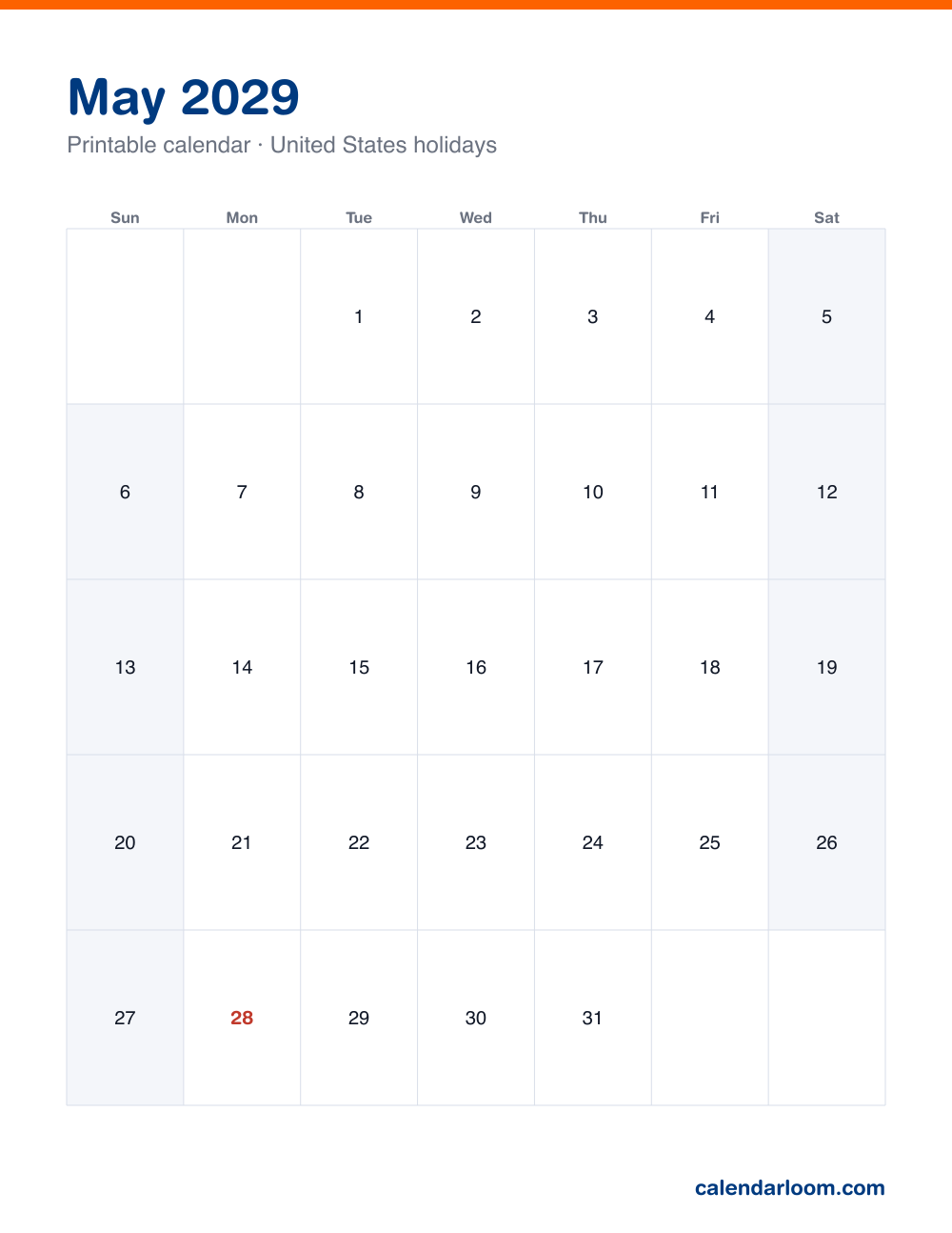 Printable May 2029 calendar with United States holidays marked, Sunday start, Letter size
