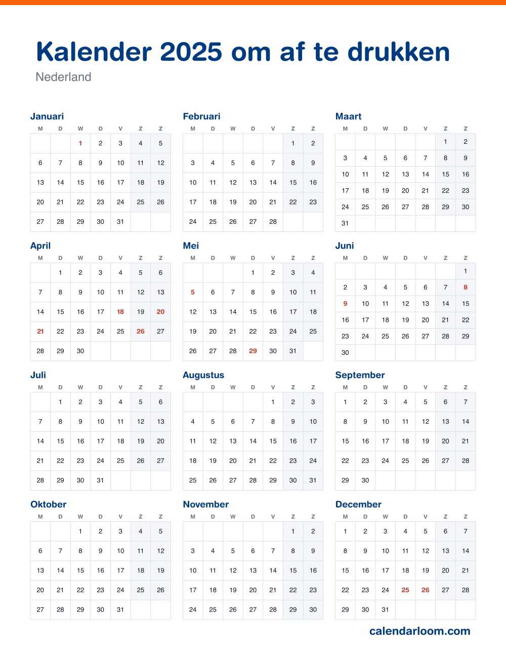 Kalender 2025 om af te drukken met de Nederlandse feestdagen
