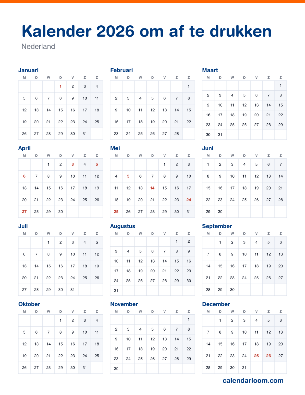 Kalender 2026 om af te drukken met de Nederlandse feestdagen