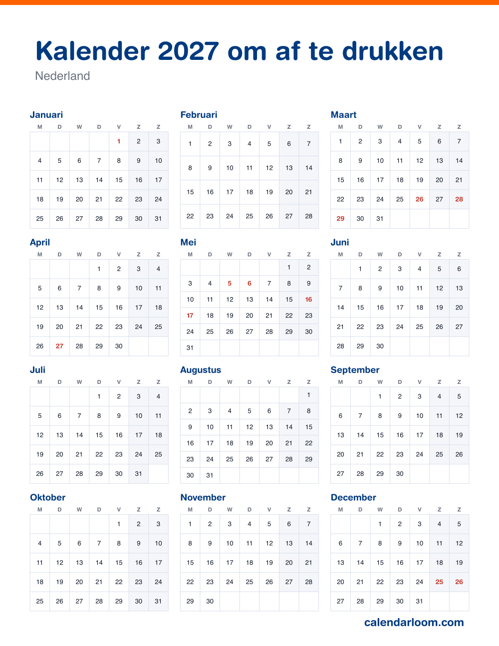 Kalender 2027 om af te drukken met de Nederlandse feestdagen