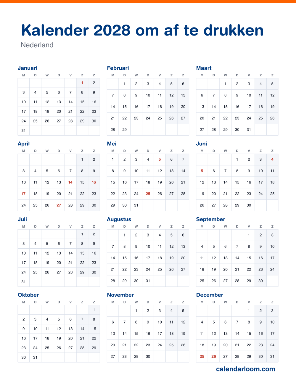 Kalender 2028 om af te drukken met de Nederlandse feestdagen