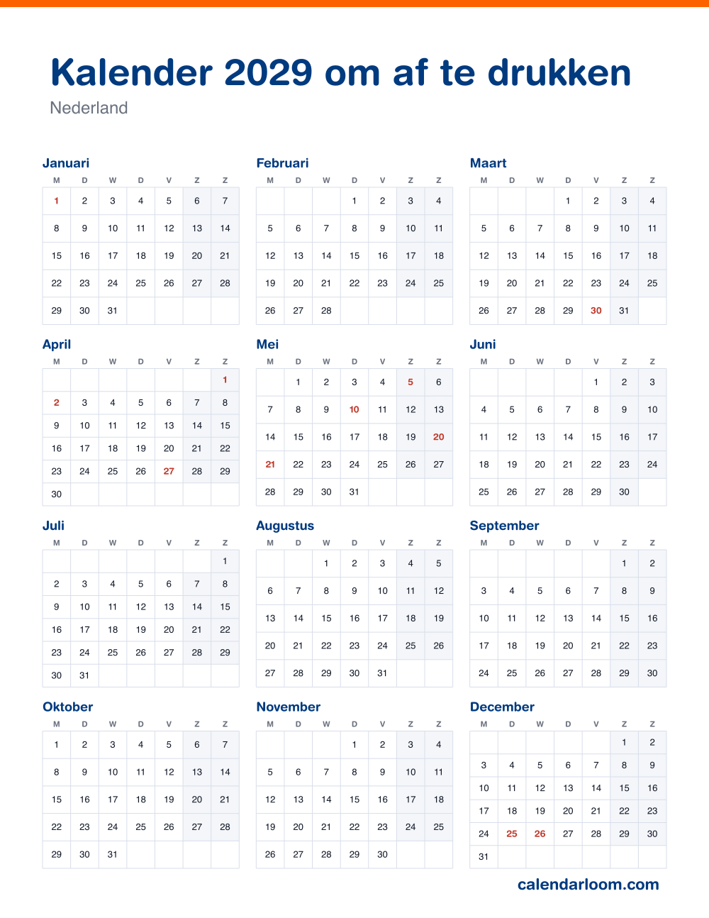 Kalender 2029 om af te drukken met de Nederlandse feestdagen