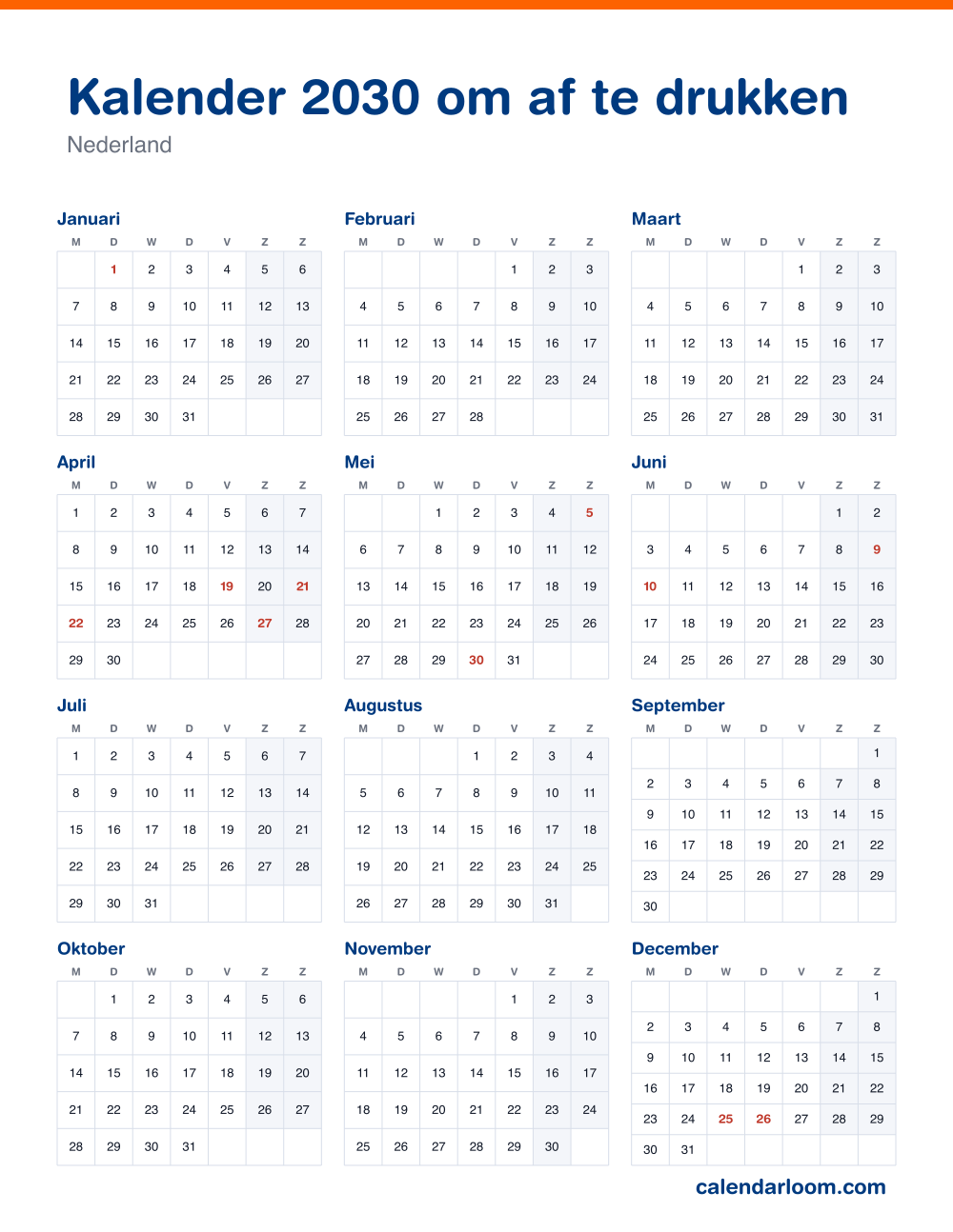 Kalender 2030 om af te drukken met de Nederlandse feestdagen