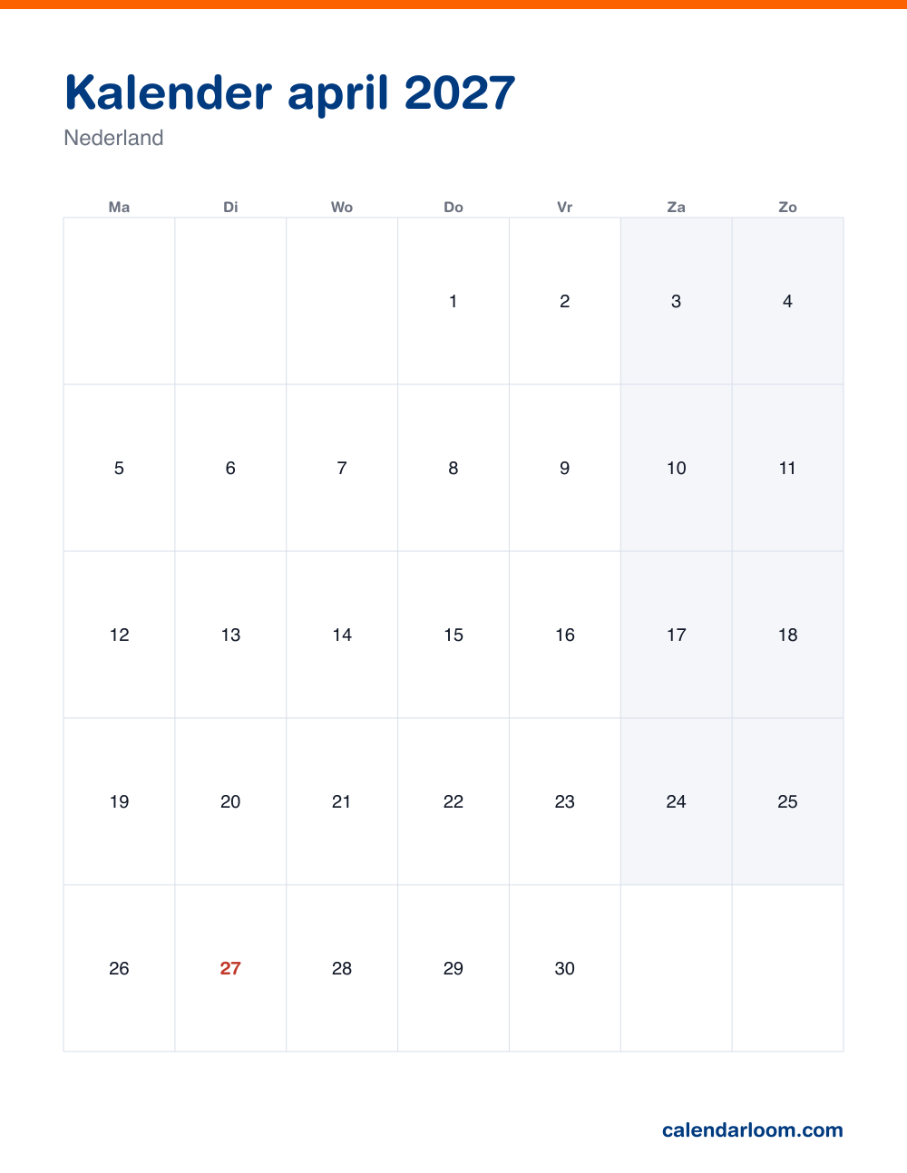 Kalender april 2027 om af te drukken met de Nederlandse feestdagen