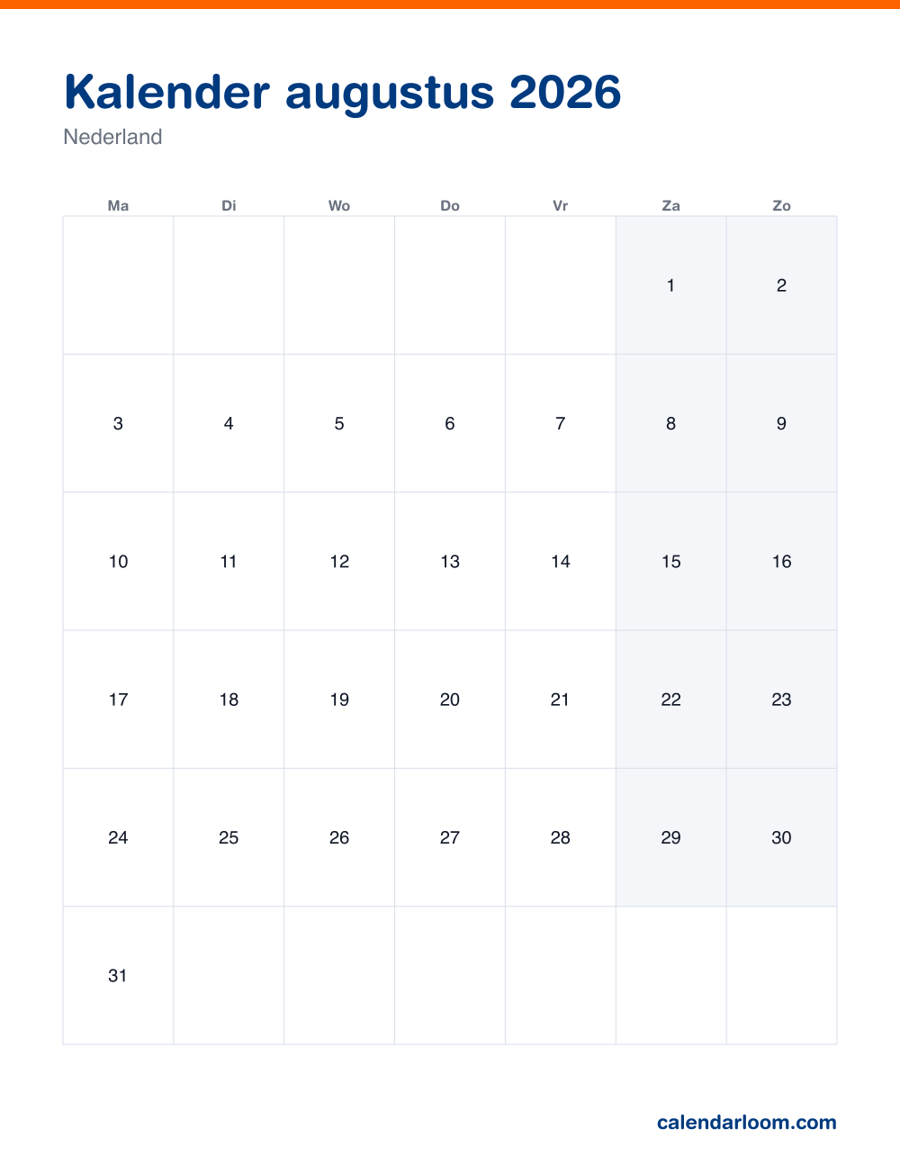 Kalender augustus 2026 om af te drukken met de Nederlandse feestdagen