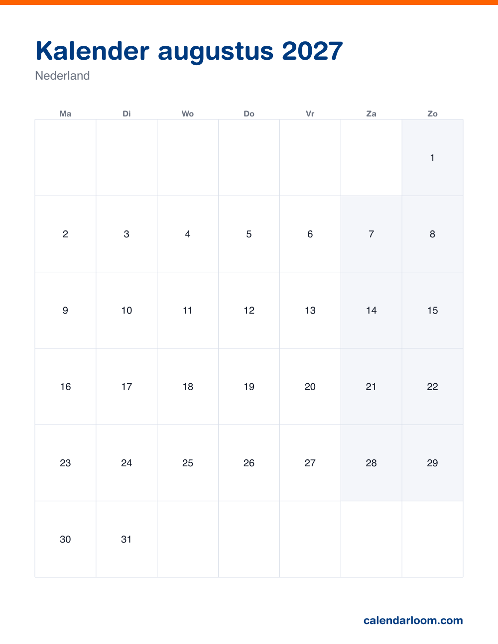 Kalender augustus 2027 om af te drukken met de Nederlandse feestdagen