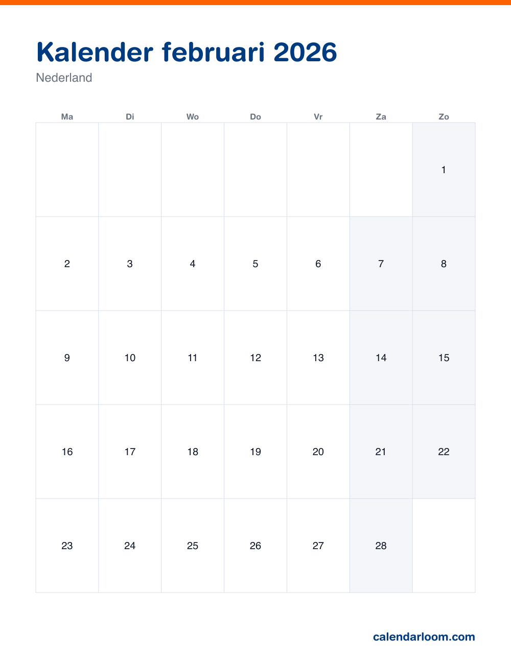Kalender februari 2026 om af te drukken met de Nederlandse feestdagen