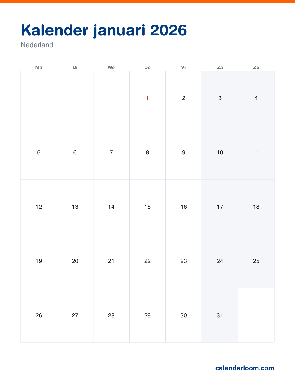 Kalender januari 2026 om af te drukken met de Nederlandse feestdagen