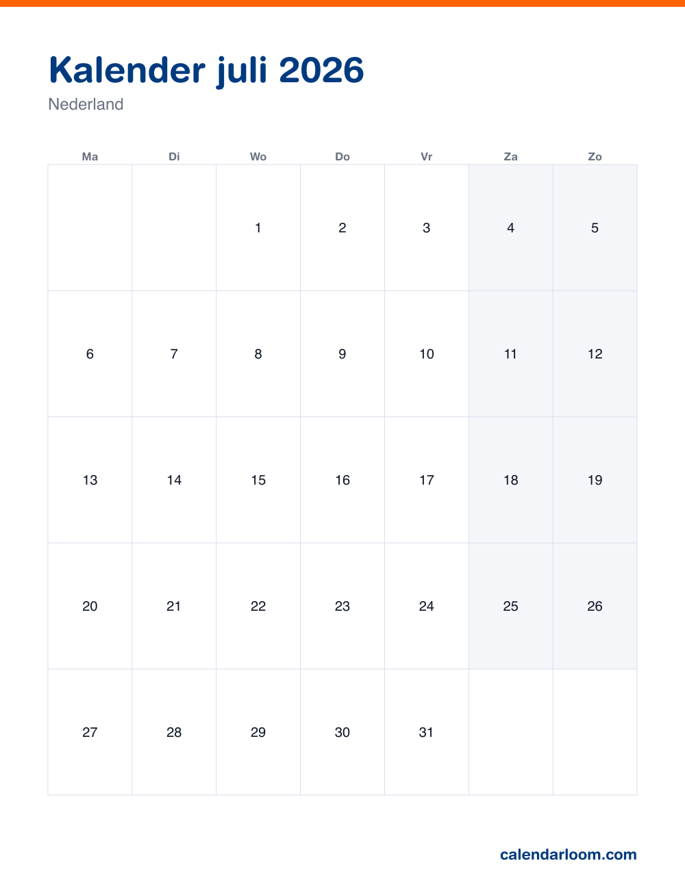 Kalender juli 2026 om af te drukken met de Nederlandse feestdagen