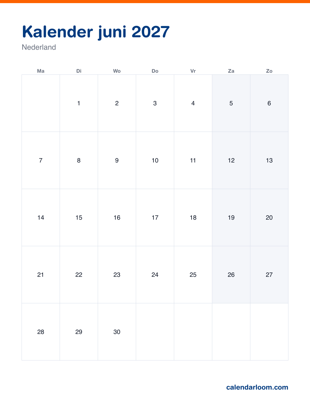 Kalender juni 2027 om af te drukken met de Nederlandse feestdagen