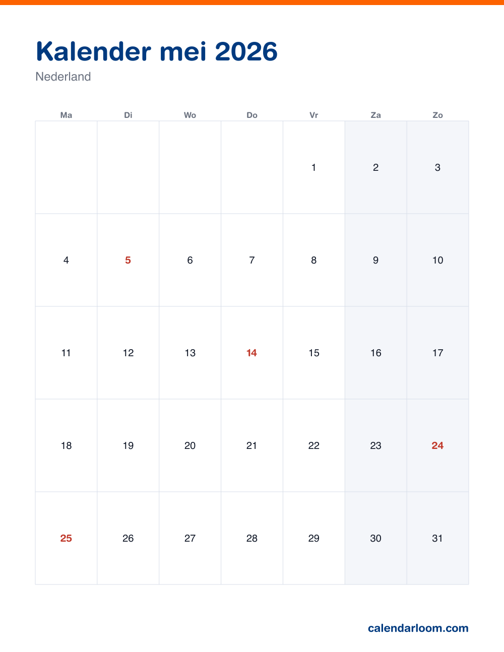 Kalender mei 2026 om af te drukken met de Nederlandse feestdagen